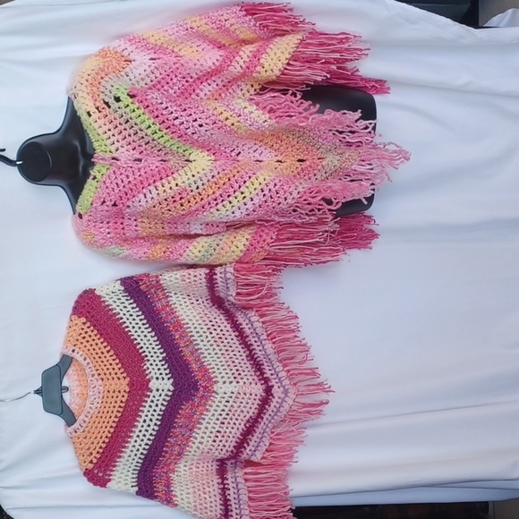 Hand Crochet by Owner Jackets & Blazers - MOMMY & ME BOHEMIAN PONCHOS IN SUBTLE PINK, PURPLE  OSFM, handmade
